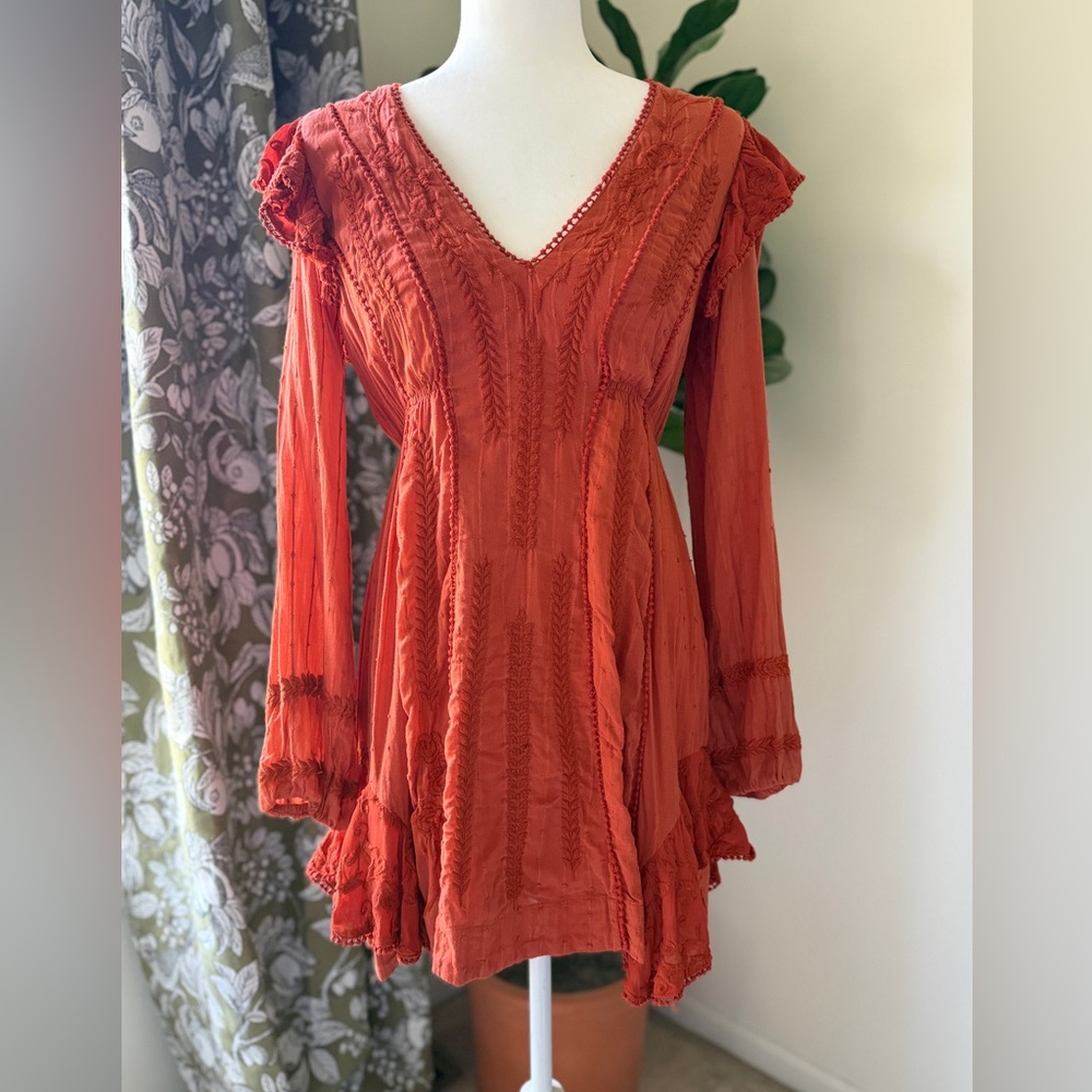 Free People Burnt Orange Embroidered V-Neck Tunic